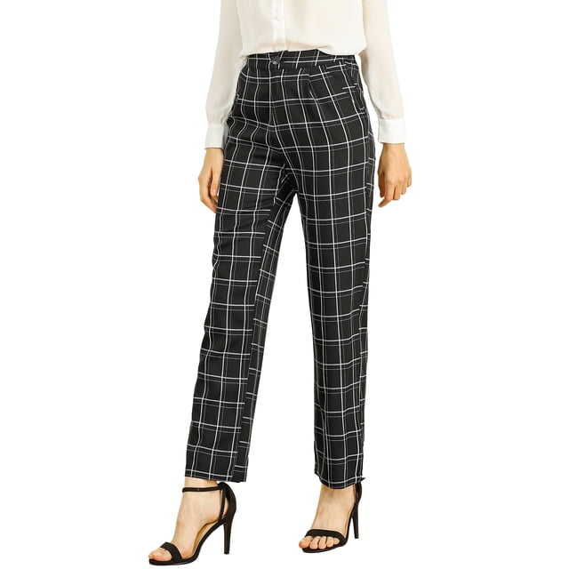 Pantalones largos rectos de cintura elástica con botones y cremallera de cuadros para mujer Inspire Chic 3XL negros
