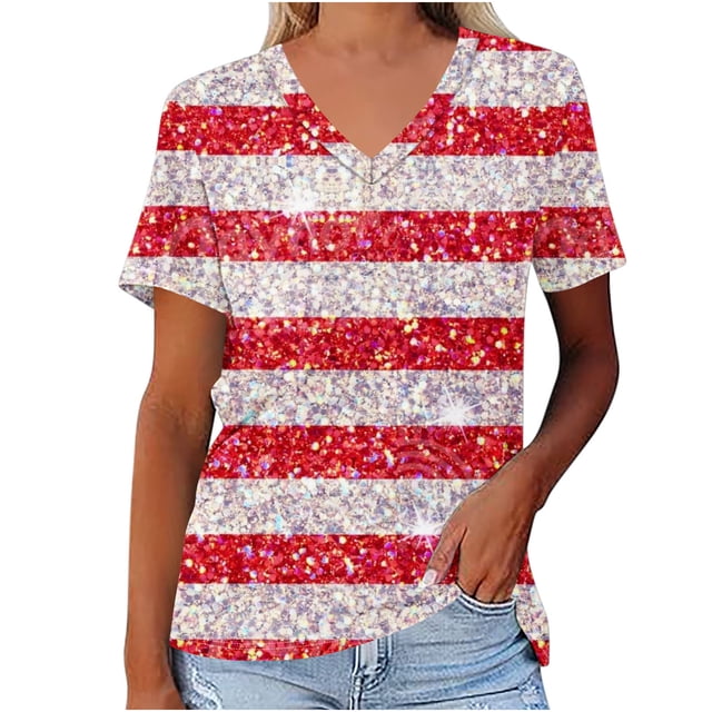 Suéteres de Algodón para Mujeres Cuello en V Manga Corta Impresión Independiente Día, Casual Verano Fondo Camiseta para el Hogar Y Diario