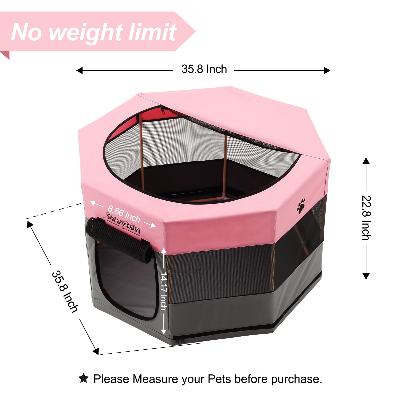 Medium Wood Frame Dog Playpen for Medium Dogs,Cat Playpen with Waterproof Bottom,Travel Pet Play Pen with Side Door for Puppies (36" x 36" x 23", Pink)