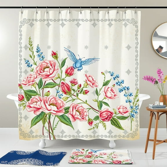 Vintage Floral Shower Curtain with Pink Roses & Blue Wildflowers - Whimsical Design