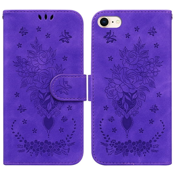 Allytechgroup iPhone SE 2022 Case, iPhone SE 2020 Case, iPhone 7 8 Case, Flip Flower Embossed Hand Wrist Stand Protective Cards Holder Wallet Case Cover for Apple iPhone 7 8 SE 3rd 2nd Gen, Purple