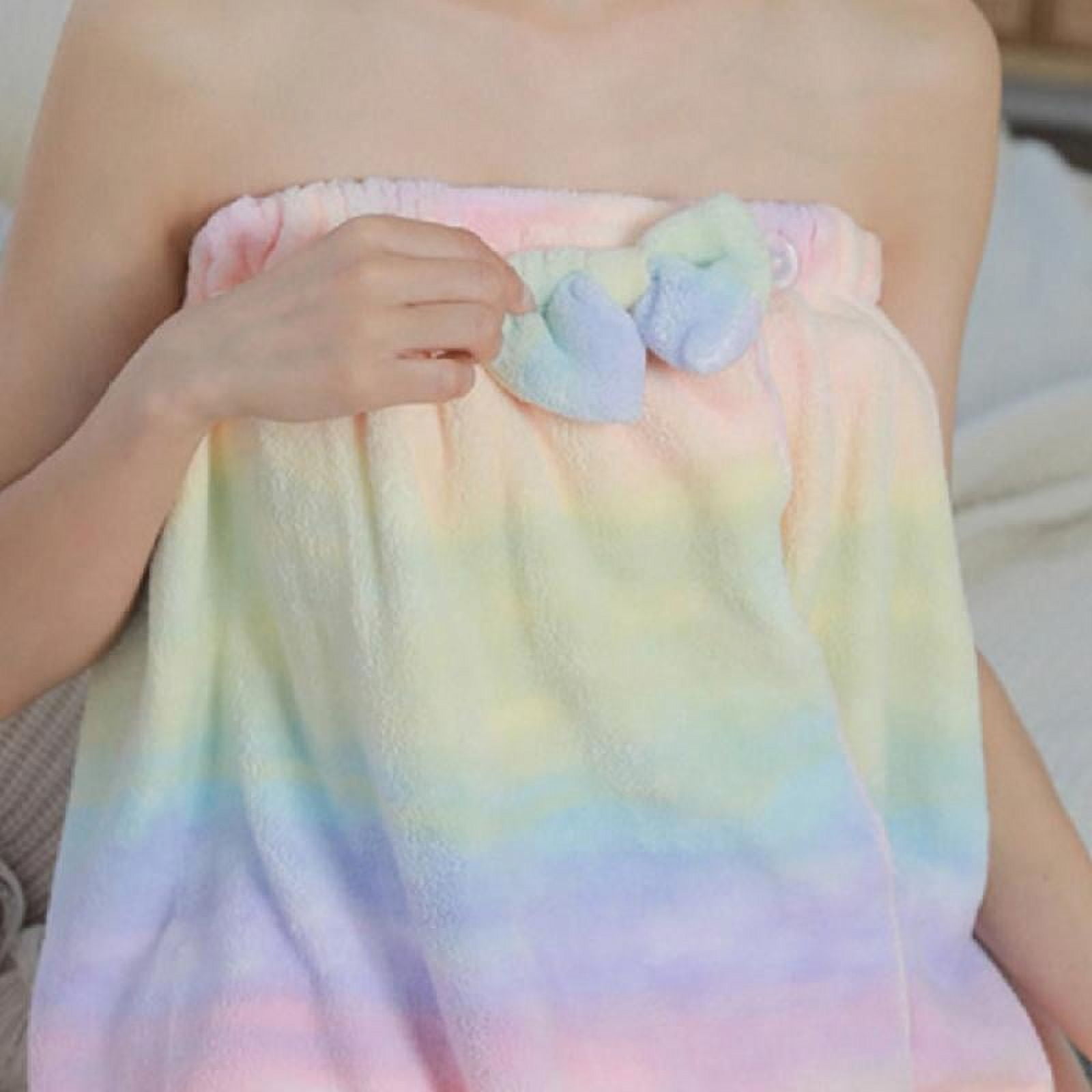 Yammee 3pcs Women Bath Towel Wrap Set Rainbow Striped Shower Bathrobe Hair Cap Headband