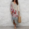thumbnail image 4 of DISNIMO Maxi Dresses for Women Cardinal Print Linen Style Casual Dress V Neck Loose Shift Dress 3/4 Sleeve Midi Dresses, S, 4 of 6
