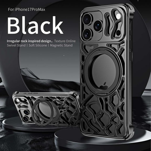 for iPhone 17 Pro Max Heat Dissipation Case,Frameless Metal with Stand,Irregular Rock Inspired Designing,360°Rotating Ring Kickstand Protective Cover,Slim Shockproof Thin Bumper Case,Black