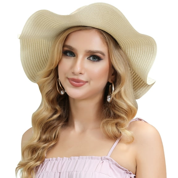 ROYAL MATRIX Women Straw Sun Hat Wide Brim UV Protection Beach Hat Summer Floppy Hat with Linen Bow Beige