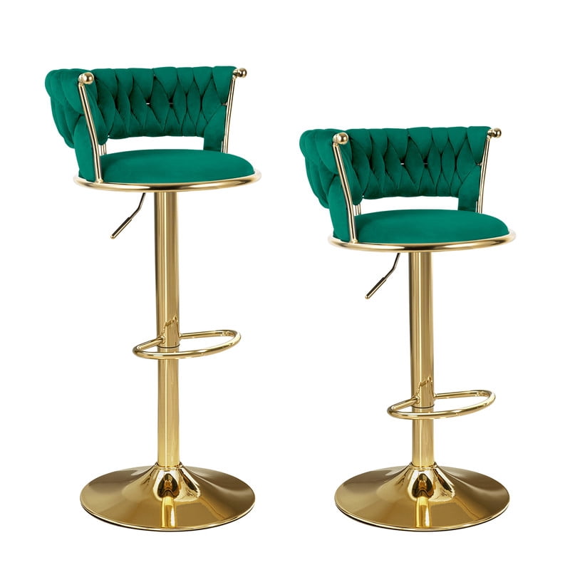 Daluvenix Velvet Bar Stools Set of 2, Counter Height Barstools with Low Back, Gold 360° Swivel Bar Stool ,Counter Height Bar Chairs for Kitchen Island, Pub, Green