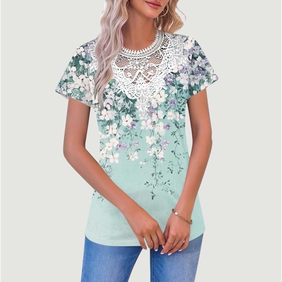 Warop Women's Solid Color Lace V-Neck Pullover Blouse, Short Sleeve Casual Top for Daily Wear and Office