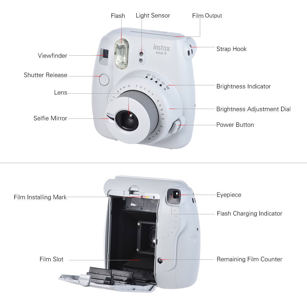 Fujifilm Mini 9 Instant Camera Film Cam with Selfie Mirror 2pcs Battery, Smokey White Walmart.com