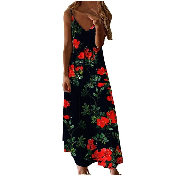 Henpk Summer Dresses for Women Striped T Shirt Dress Casual Midi Dress Short Sleeve Sundress with Pockets Casual V-Neck Sleeveless Bandage Stripe Printing Loose Vest Sling Long Dress Red L