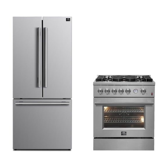 FORNO Premium 2-Piece Kitchen Bundle -Giovanni 30-inch Gas Range Stainless Steel, Forno Gallipoli 30" French Door Refrigerator with Bottom Freezer 17.5 cu. ft Capacity
