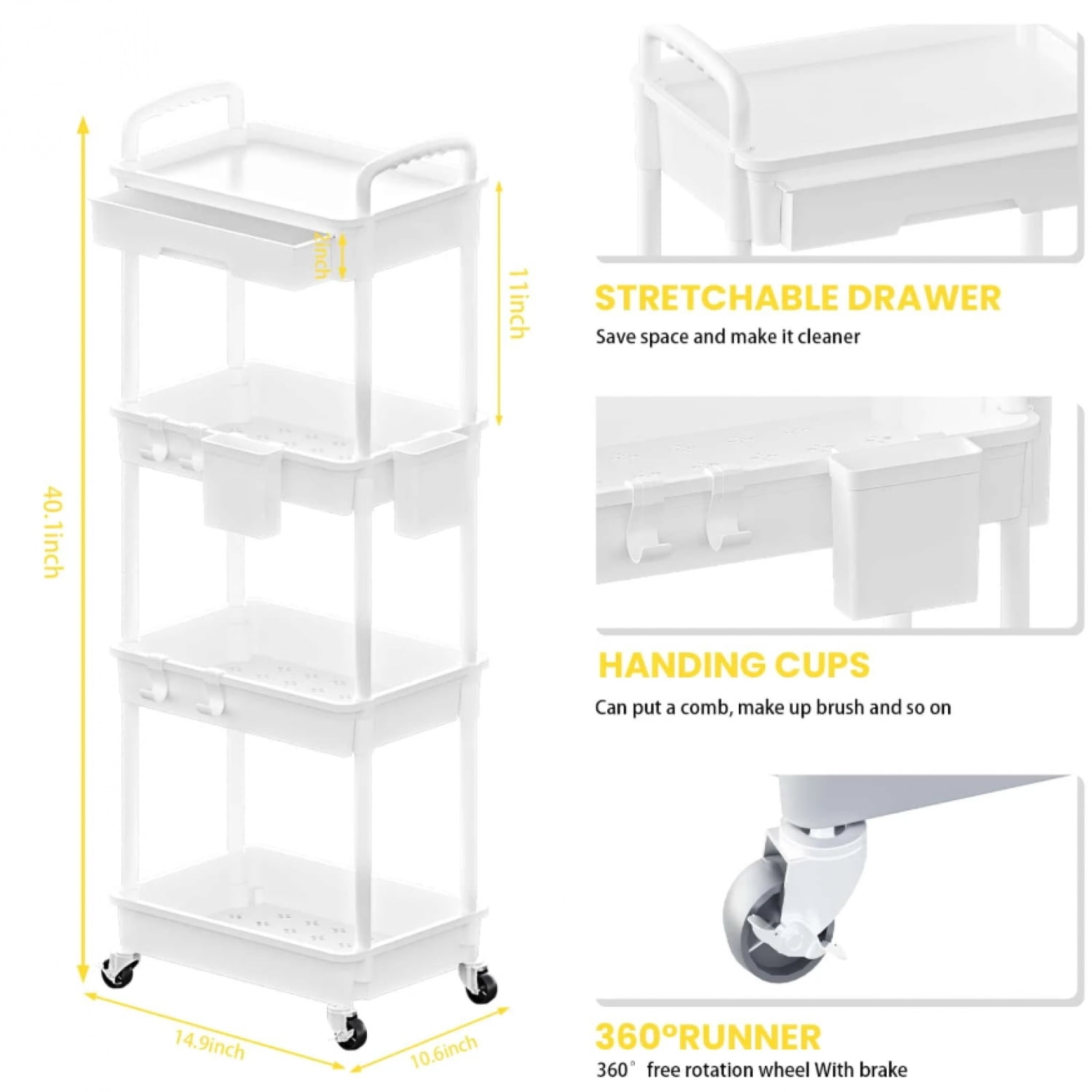NTGFU 4 Tier White Rolling Utility Cart with Drawer, Utility Cart Made Of Multifunctional Storage Organizer Tool for Kitchen,Bathroom,Living Room,Office Outdoor Decor