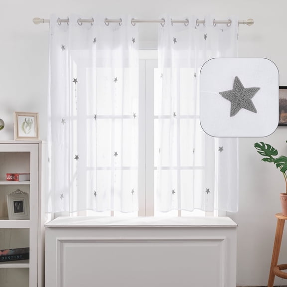 ZOPZO Light Filtering Sheer Curtains 52W x 63L Inch (2 Panels), Faux Linen Voile with Embroidery, Rod Pocket Drapes for Bedroom & Living Room, Gray