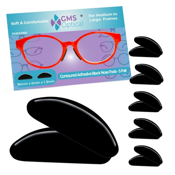 GMS Optical Contoured Adhesive Silicone Nose Pads for Glasses – 18mm Length, 1.3mm Extra-Thin, Anti-Slip Backing (5 Pair, Black)