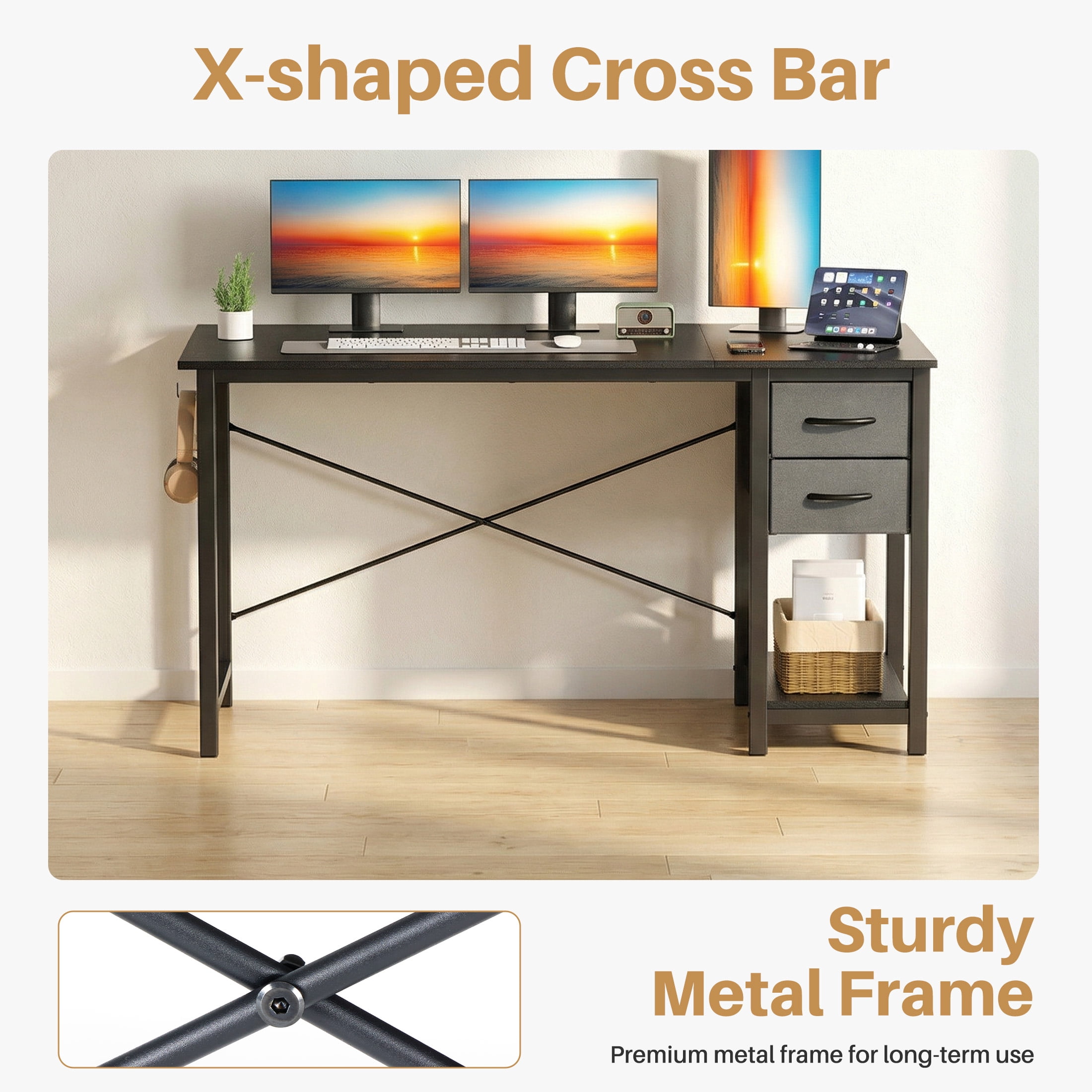 edx 47” Home Office Computer Desk with 2 Fabric Drawers, Storage Shelf, X-Frame Support, Spacious Computer Workstation Writing and Study Desk,Black Grain