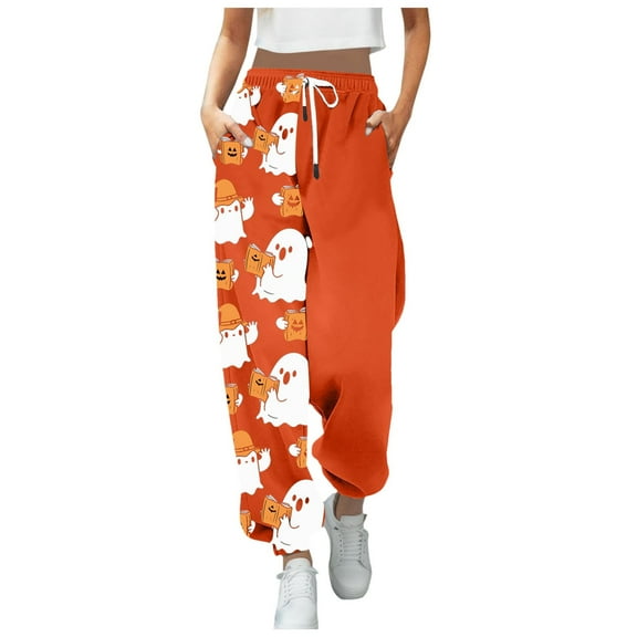 Women Casual Pants Halloween Printed Bandeau Sweatpants Pocket High Waist Pants
