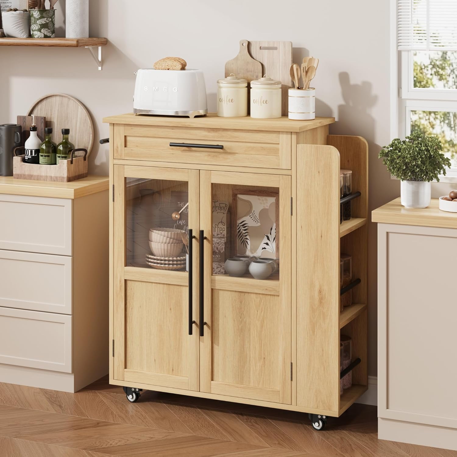 WALYWIK Rolling Wooden Kitchen Island with Drawer, Kitchen Cart with Storage Cabinet on Wheels, Thicker Wooden Top Portable Trolley Island with 3 Spice Rack for Kitchen, Dining Room, Natural Oak