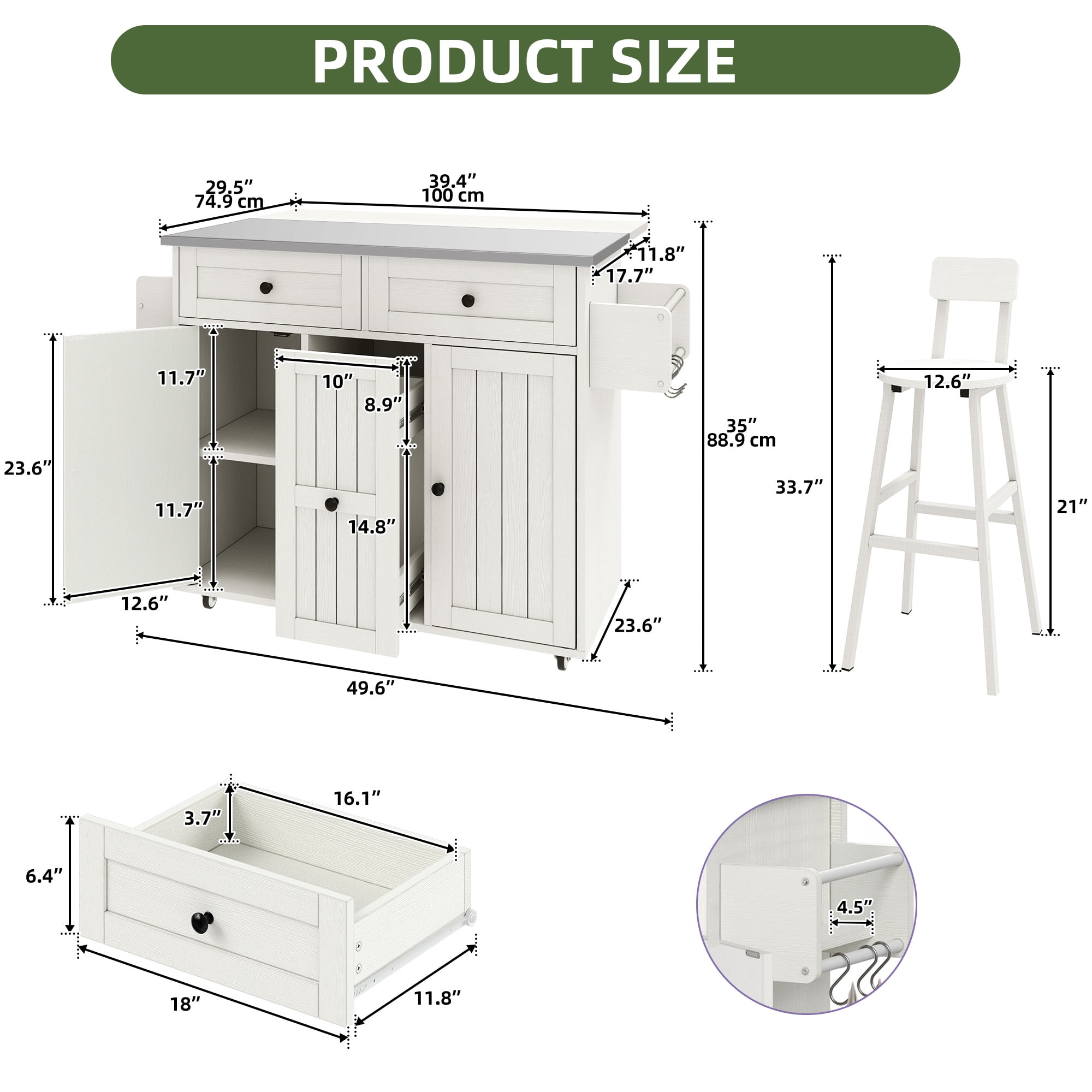 Uforic Modern Kitchen Island Table with 2 Chairs, Kitchen Island with Wheels & Large Storage, White