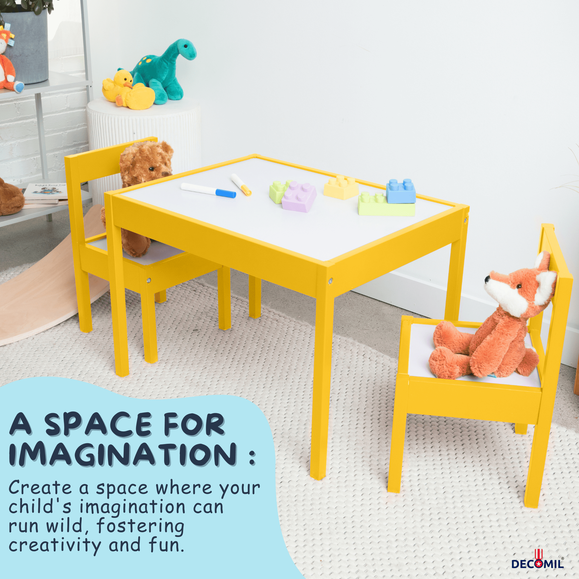 DECOMIL Kids Wooden Table and Chairs, 3 Pieces Set Includes 2 Chairs and 1 Activity Table, Picnic Table with Chairs (Yellow)