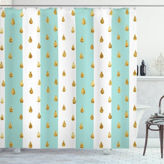Modern Shower Curtain, Drops on Vertical Striped Background Geometric Simplistic Print, Fabric Bathroom Set with Hooks, 69W X 70L Inches, Mint Green White and Yellow, by Ambesonne