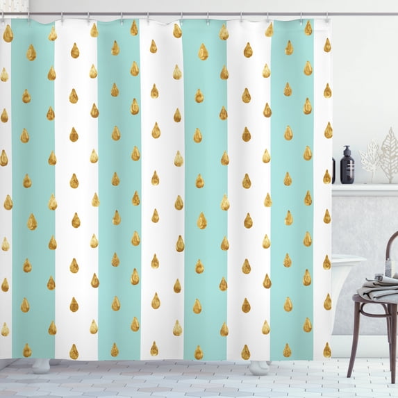 Modern Shower Curtain, Drops on Vertical Striped Background Geometric Simplistic Print, Fabric Bathroom Set with Hooks, 69W X 84L Inches Extra Long, Mint Green White and Yellow, by Ambesonne
