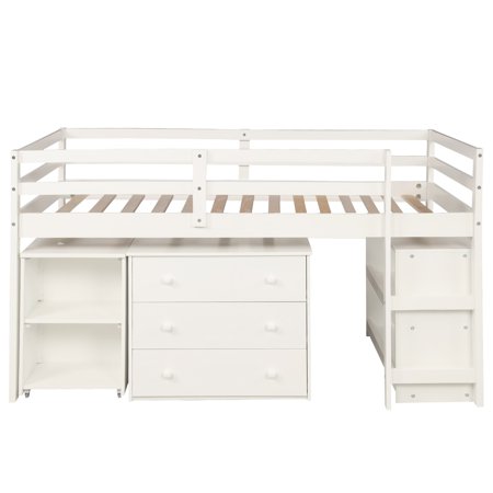 Low Study Twin Loft Bed with Cabinet and Rolling Portable Desk White