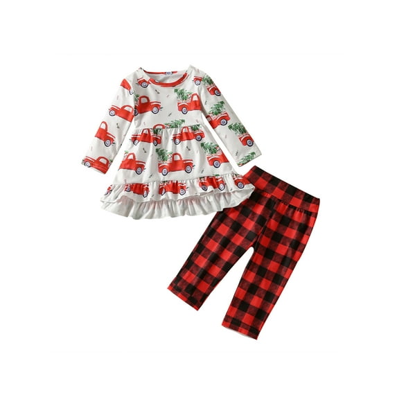 Franhais Toddler Girl Long Sleeve Cartoon Cat Print Tops + Elastic Waist Plaid Trousers