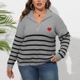 thumbnail image 2 of Women's Plus Size Striped Stitched Knitted Sweater - Gray Half-Turtleneck, Zipper & Heart Accents, Oversized XXL Fit, Warm Comfort, Size XXL, 2 of 5