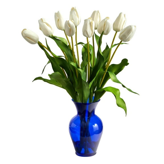 Nearly Natural 22in. Dutch Tulip Artificial Arrangement in Blue Colored Vase