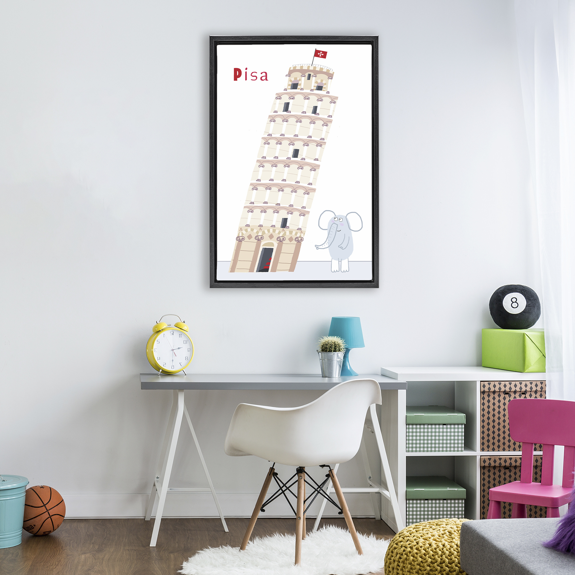 Elephant & Leaning Tower Pisa Black Framed Floater Canvas Wall Art, design by Carla Daly