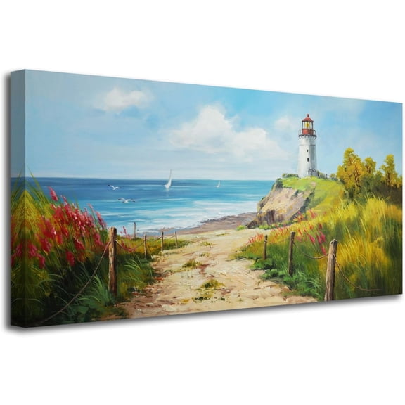 Aaheei Ocean Lighthouse Canvas Wall Art Coastal Seascape Picture Blue Landscape Painting for Living Room, Artwork for Bedroom Bathroom Office Home Decor 16x16