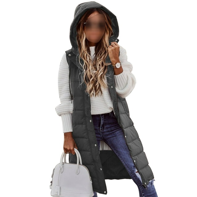 Gilet Long à Capuche pour Femmes Hiver Décontracté Rembourré à Fermeture Éclair Chaud