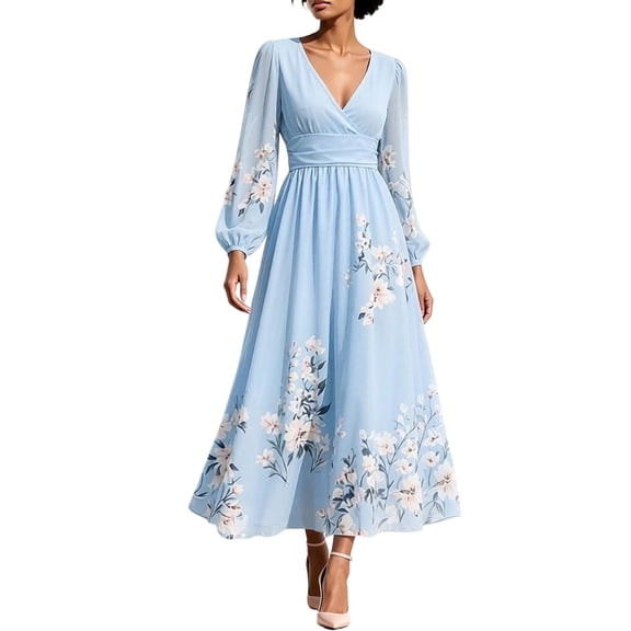 fheaev Boho Floral A-Line Dress for Women Long Sleeve Flowy Midi Casual Elegant Fall Dresses Light Blue,L