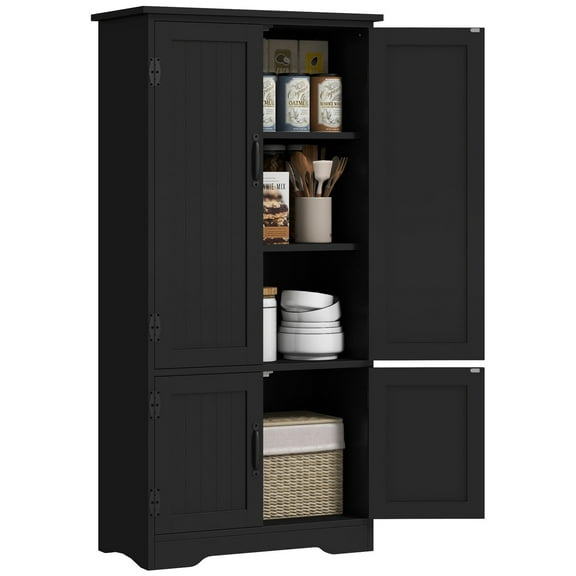 Wqmh 48.5" Kitchen Pantry Cabinet with 2 Adjustable Shelves and 4 Beadboard Doors, Compact Farmhouse Kitchen Storage Cabinet for Dining Room, Black
