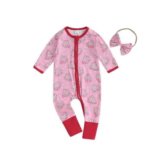 Infant Baby Girl Rompers Christmas Flower Print Zipper Long Sleeve Bodysuit with Headband Newborn Jumpsuits