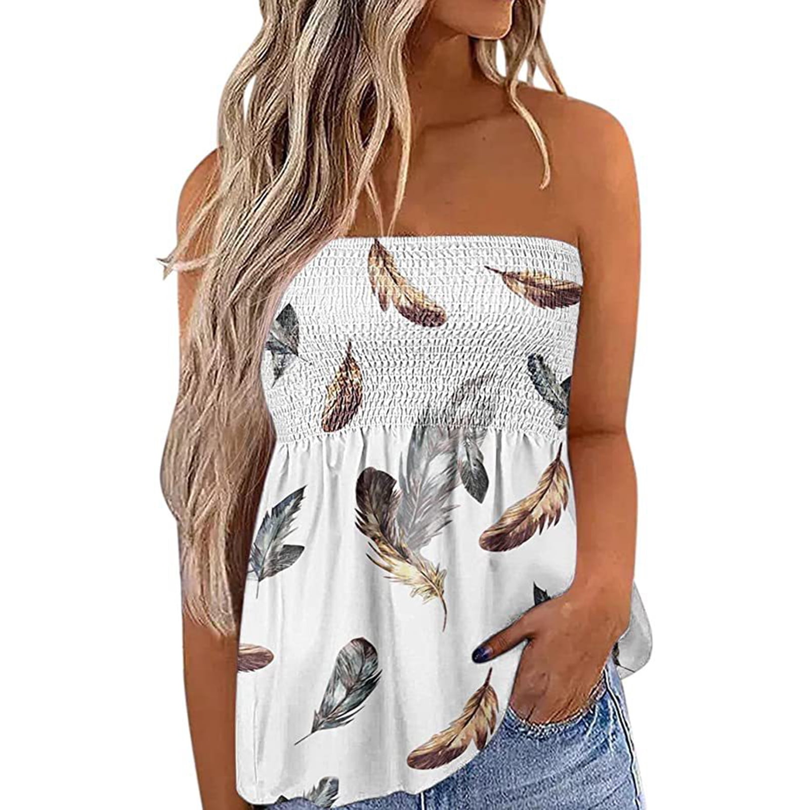 Summer Bandeau, Printed Casual Pleated Open Back Womens Smocked
