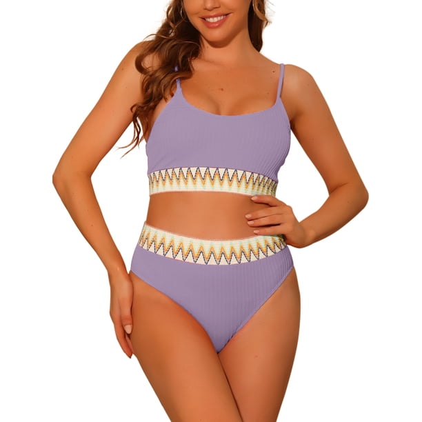 Conjuntos de bikini de dos piezas de talle alto para mujer, con tirantes ajustables y textura acanalada, traje de baño color púrpura pequeño