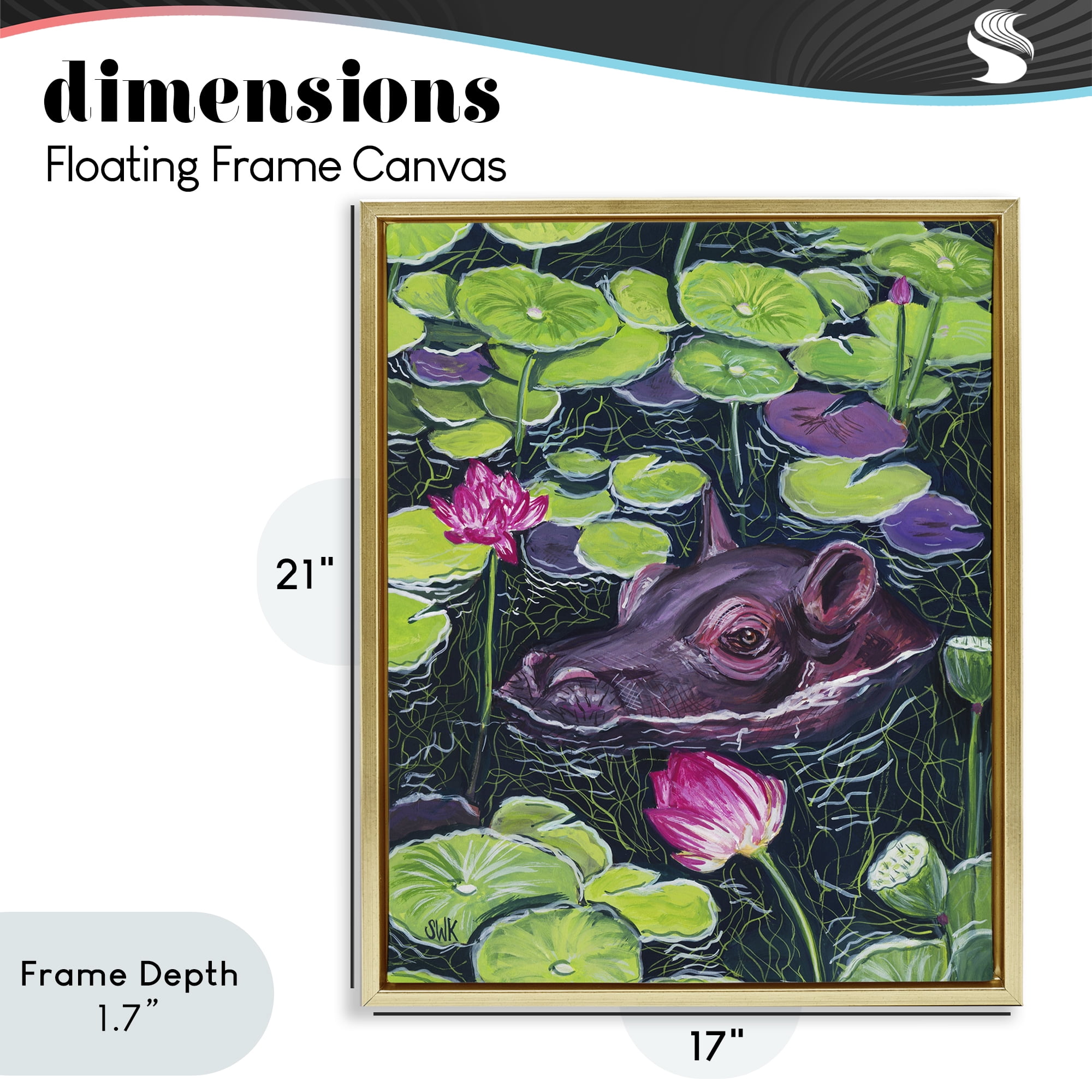 Stupell Industries Hippo & Blossoms Pond Gold Framed Floater Canvas Wall Art, design by Sarah Waldron Kimball