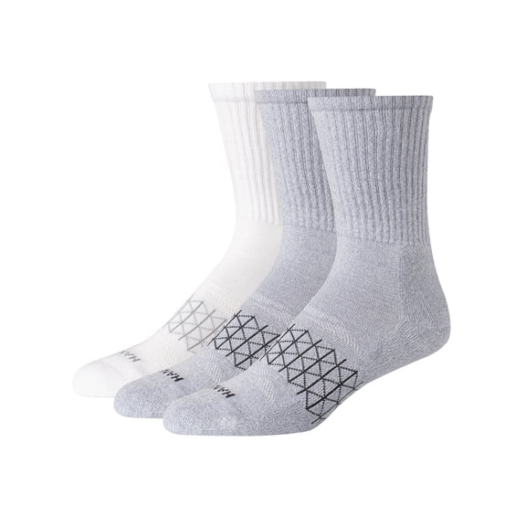 Hanes Absolute Active Men’s Cushioned Crew Socks, Shoe Sizes 6-12, 3-Pairs Grey/White