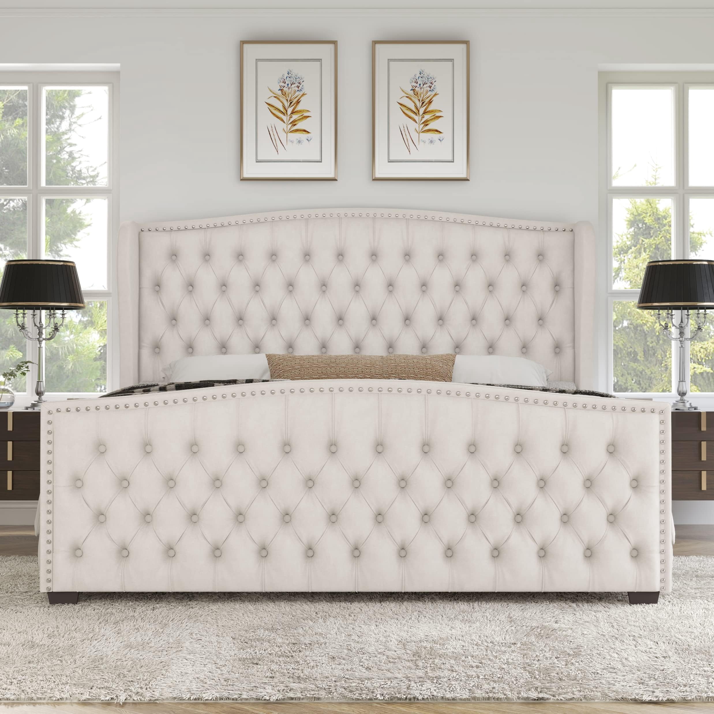 Merluxy California King Size Platform Bed Frame, Velvet Upholstered Bed with Deep Button Tufted & Nailhead Trim Wingback Headboard, Cream
