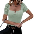 thumbnail image 1 of Solid Color Women Square Neckline Puff Sleeve Slim Shirt Tops, 1 of 5
