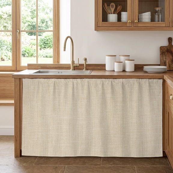Vintage Linen Cabinet Curtains for Kitchen 28"W x 51"L, Pastoral Beige Linen Texture Farmhouse Under Sink Skirt Magic Tape Short Curtain Decorative Privacy Panel for Pantry Cabinet Opening