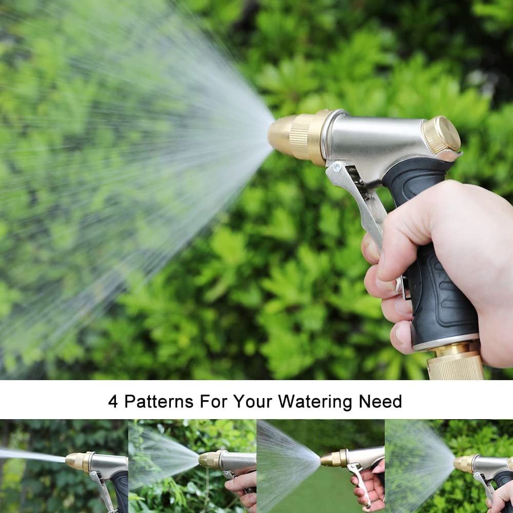 FANHAO Garden Hose Nozzle, Heavy Duty Metal Watering Hose Nozzle with 4 Patterns, Abs Non-Slip Grip