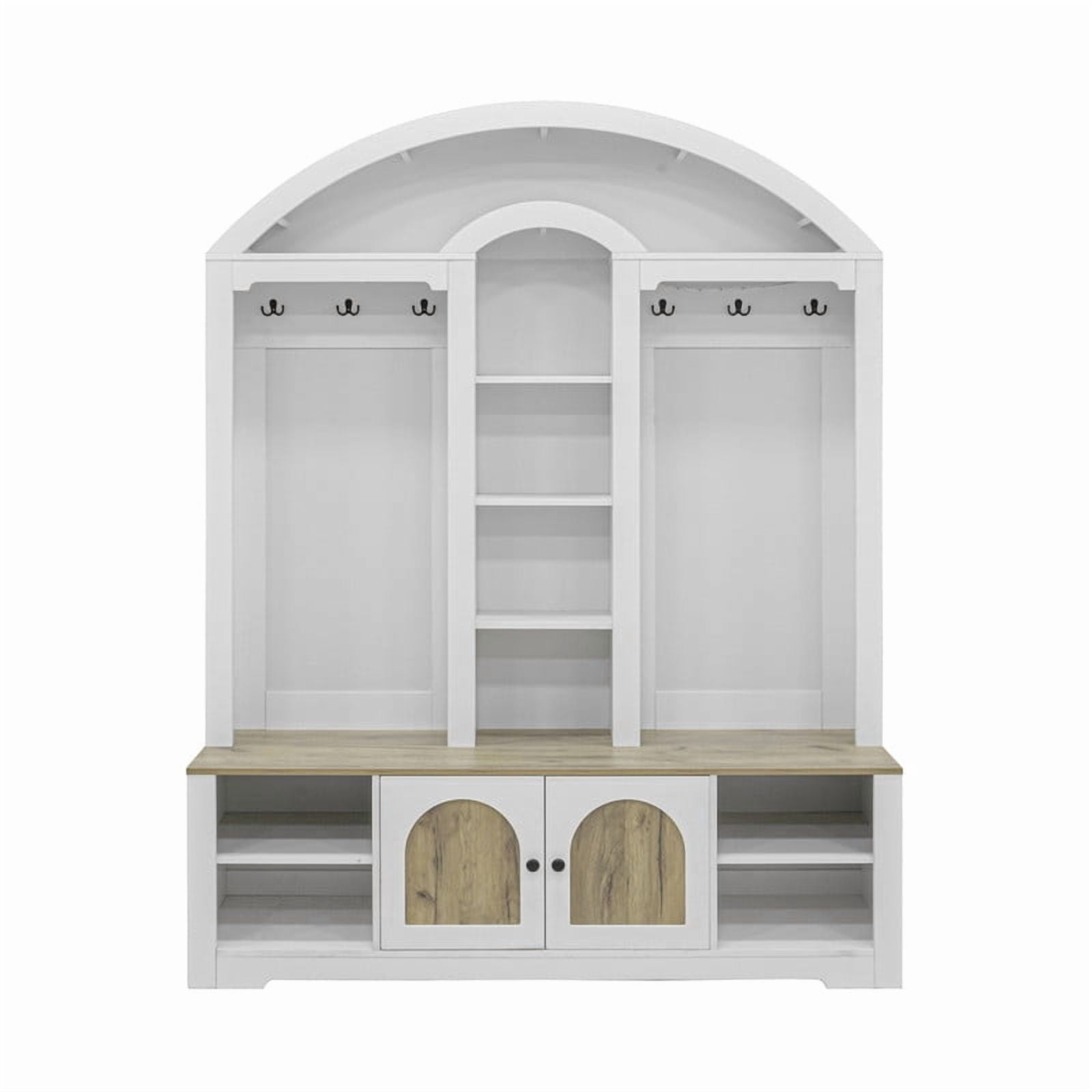 Farmhouse Hall Tree with APP Controlled LED Lights, Mudroom Bench with Shoe Cubbies and Cabinet, Entryway Coat Rack with 6 Hooks for Living Room, Hallway