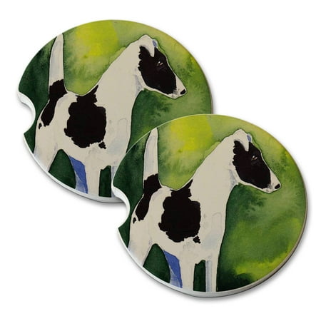 Terrier Dog Coasters KuzmarK Sandstone Car Drink Coaster (set of 2) - Black Smooth Fox Terrier Abstract Dog Art by Denise Every ()