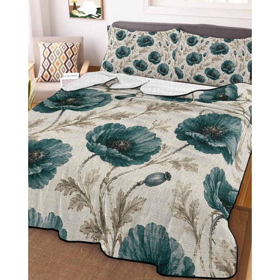 King Quilt Bedding Set, Autumn Poppy Flower Retro Style Lightweight Coverlet Summer Comforter Set Soft Microfiber Bedspread, Pastoral Floral Leaf 3 Piece Quilt Set with 2 Pillow Shams
