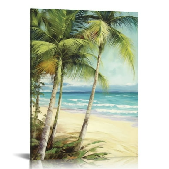 Acheng Palm Trees Canvas Wall Art: Coastal Beach Picture Artwork Tropical Ocean Scene Painting Abstract Seascape Print for Modern Living Room Bedroom Bathroom 12x16 in