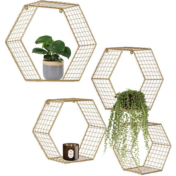 Set of 4 Gold Hexagon Wall Shelves, Floating Honeycomb Wire Wall Mounted Shelf, Geometric Octagon Mesh Shelves, Boho Deep Gold Metal Shelving