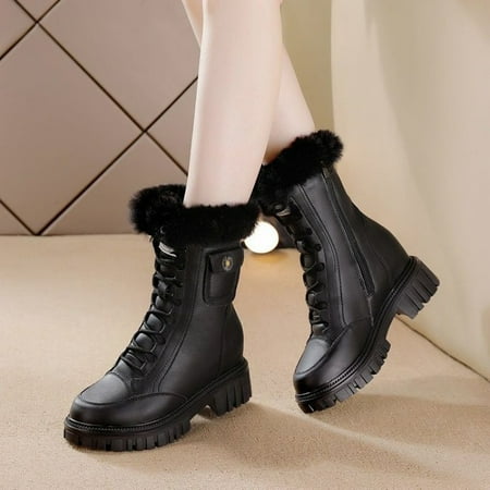 

Thick Bottom Fleece Lining Snow Boots Side Zipper Lace-up Ankle Boots With Hidden Heel Women s Footwear
