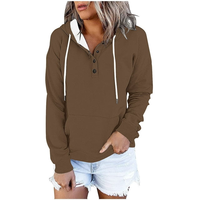 Xfvqtps Women Contrasting Button Hat Rope Hooded Pocket Pullover Fashionable Sweatshirts Coffee