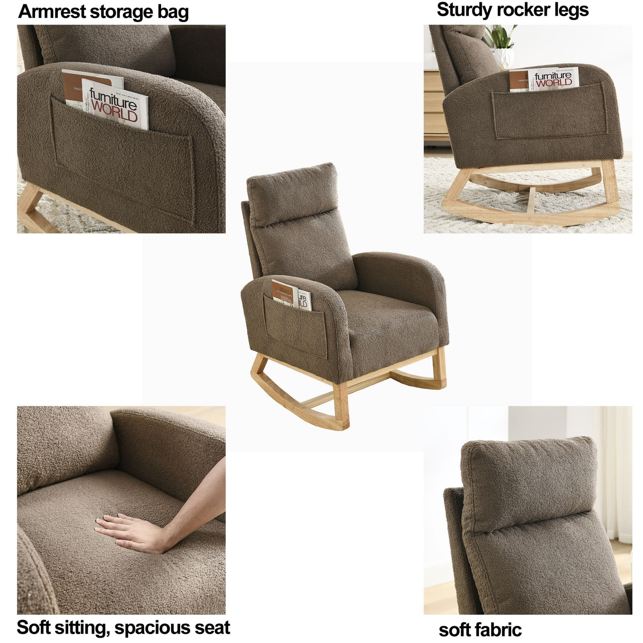 Onbeam Rocking Chair for Nursery - Living Room Lounge Armchair with Side Pockets - Coffee Fabric